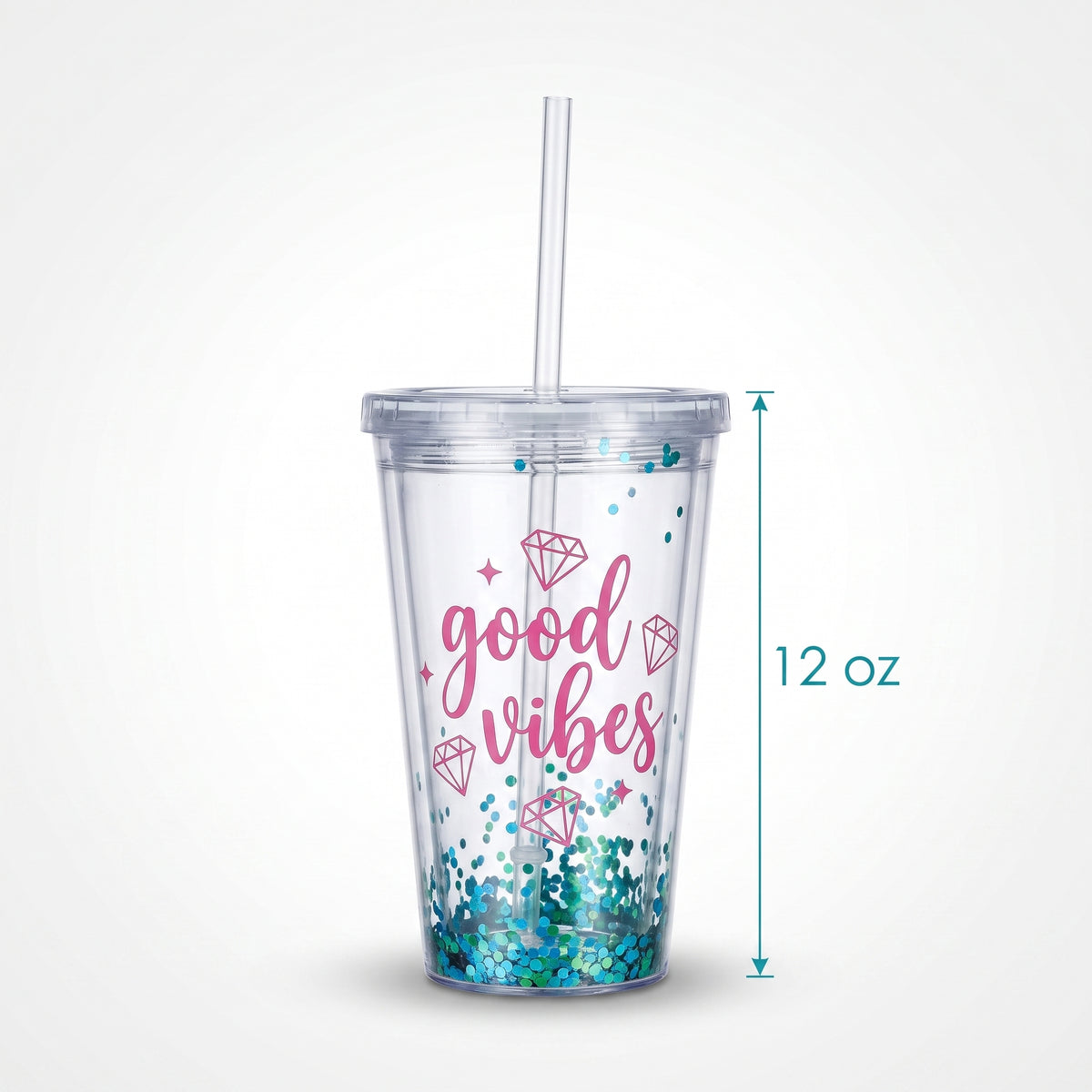 Sparkle "Good Vibes" Double Wall Tumbler with Straw, 12oz