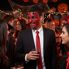 Devil Sculpted Full Mask with Horns - Red and Black Halloween Accessory