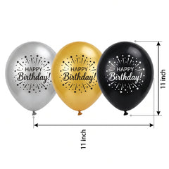 Confetti Birthday Latex Balloons - Black, Gold, Silver, 11-Inch, 15-Pack