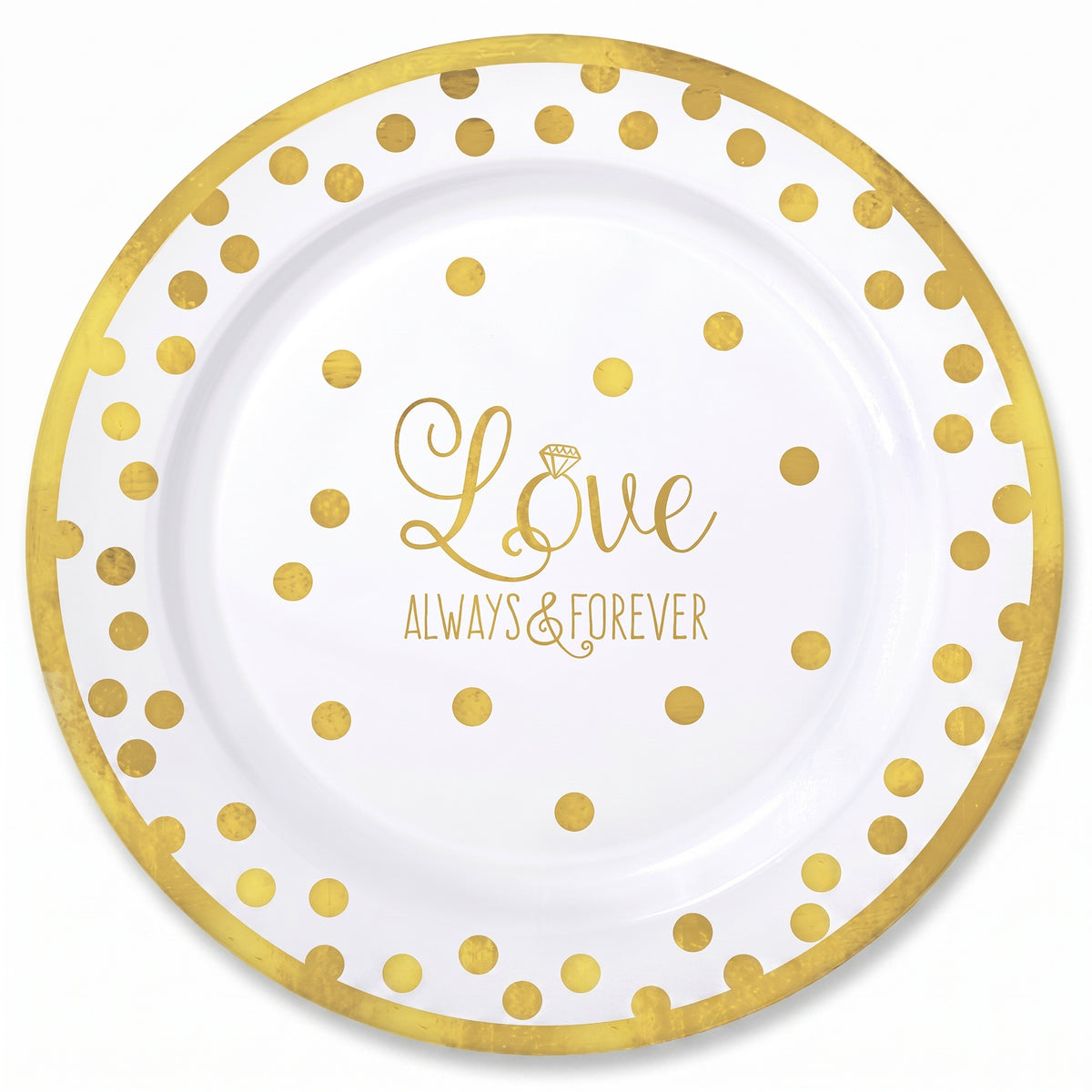"Love Always & Forever" Gold Polka Dot Plastic Lunch Plates - 7.25", 20-Pack