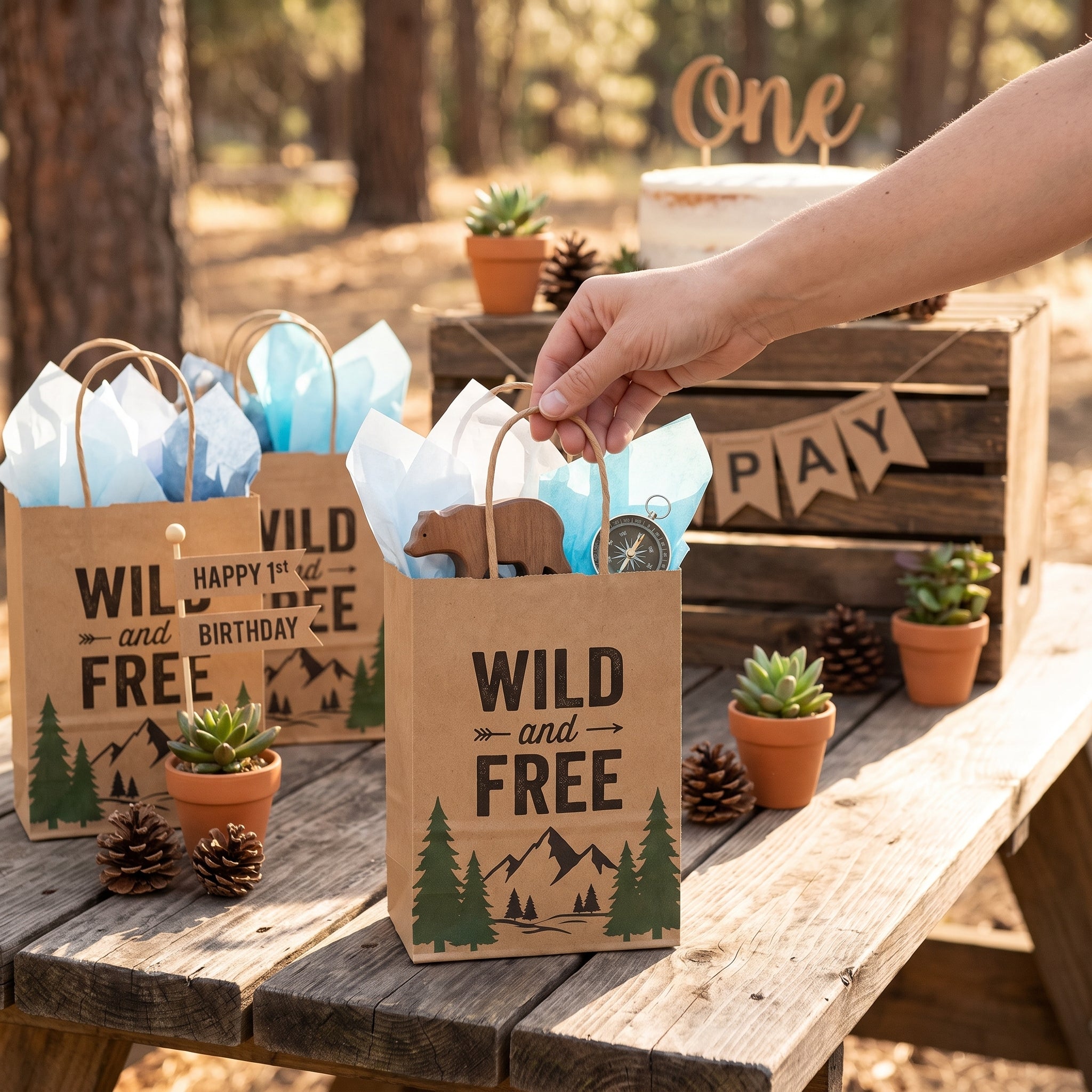 Wilderness Adventure Paper Kraft Loot Bags - 8 Pack for Baby's First Birthday