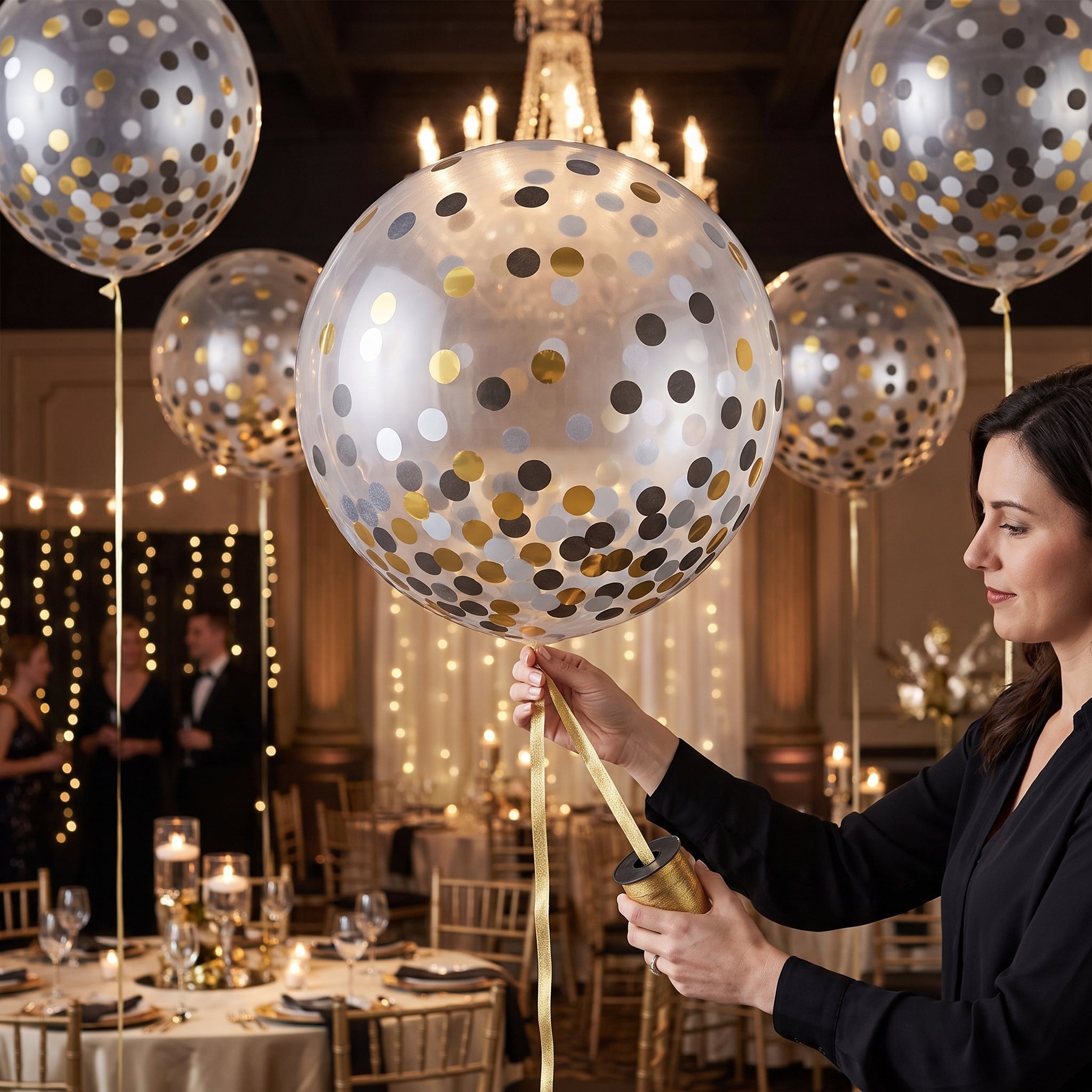 Elegant Confetti Latex Balloons - Black, Gold, Silver, 24-Inch, 2-Pack