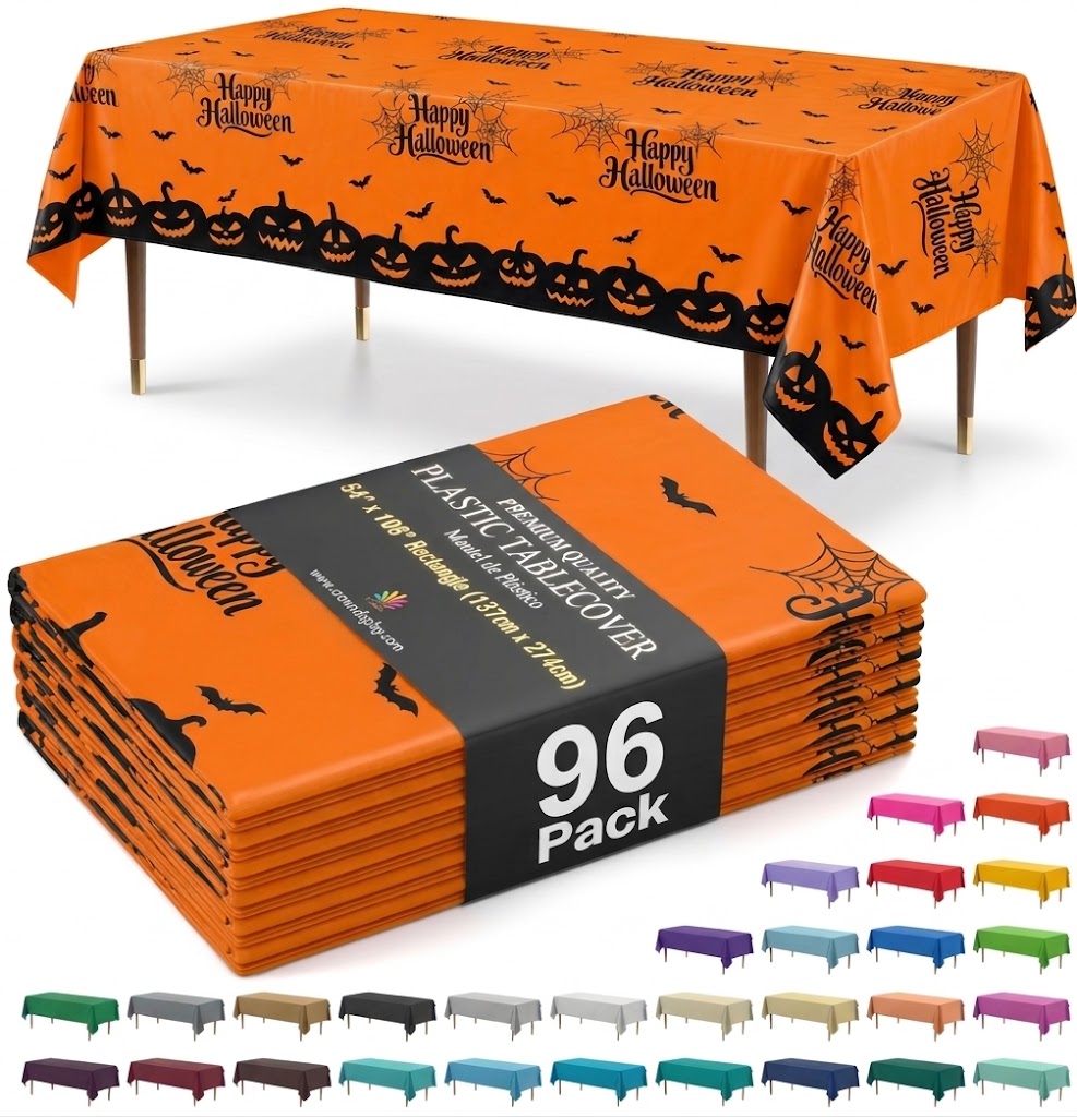 Happy Halloween Orange Plastic Table Cover | 54 in. x 108 in. | Case of 96