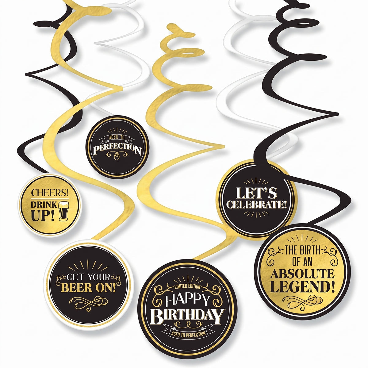 "Better with Age" Birthday Swirl Hanging Decorations, Gold & Black, 12-Pack