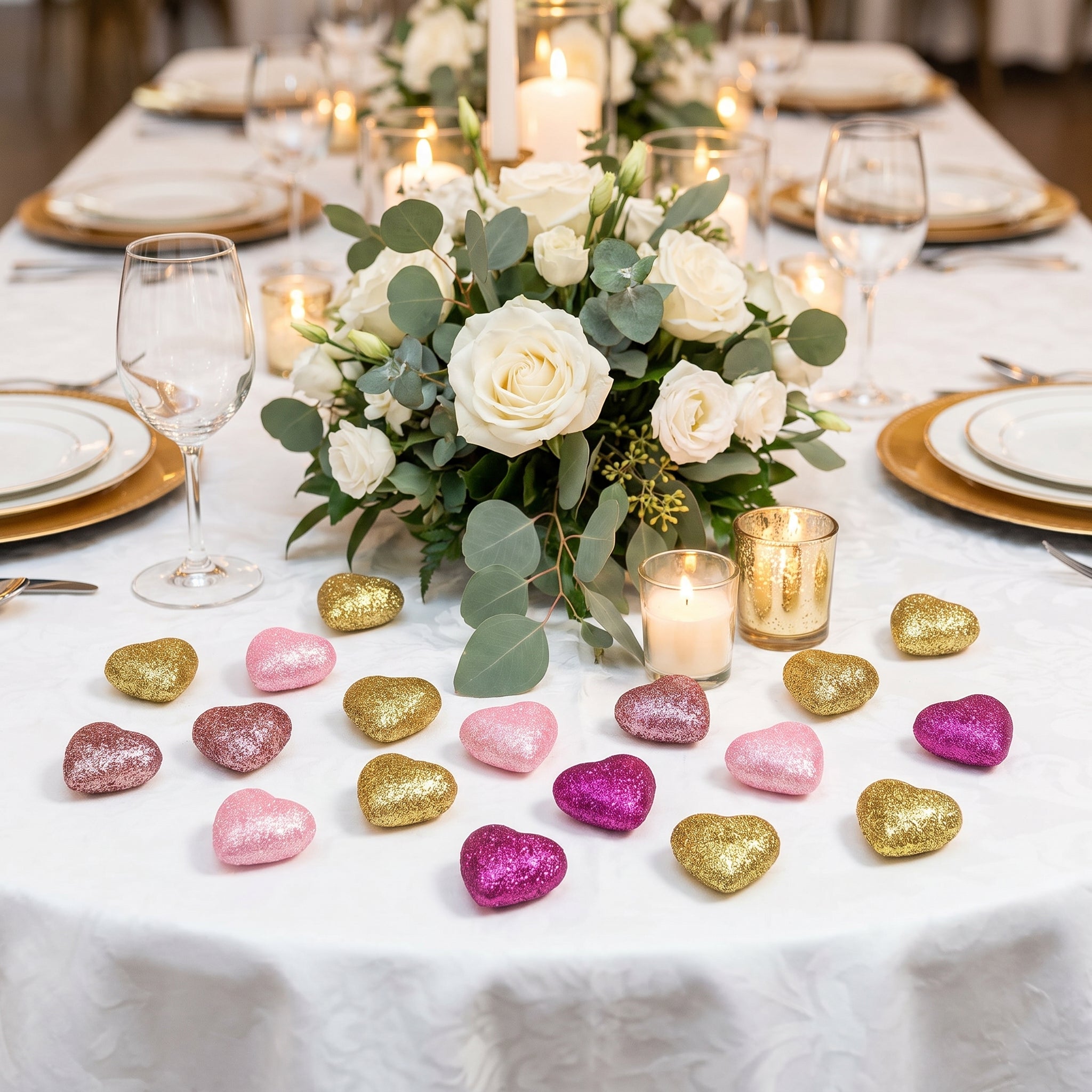 Glitter Heart Table Scatters - Pink & Gold Confetti Decor, 40 Pack