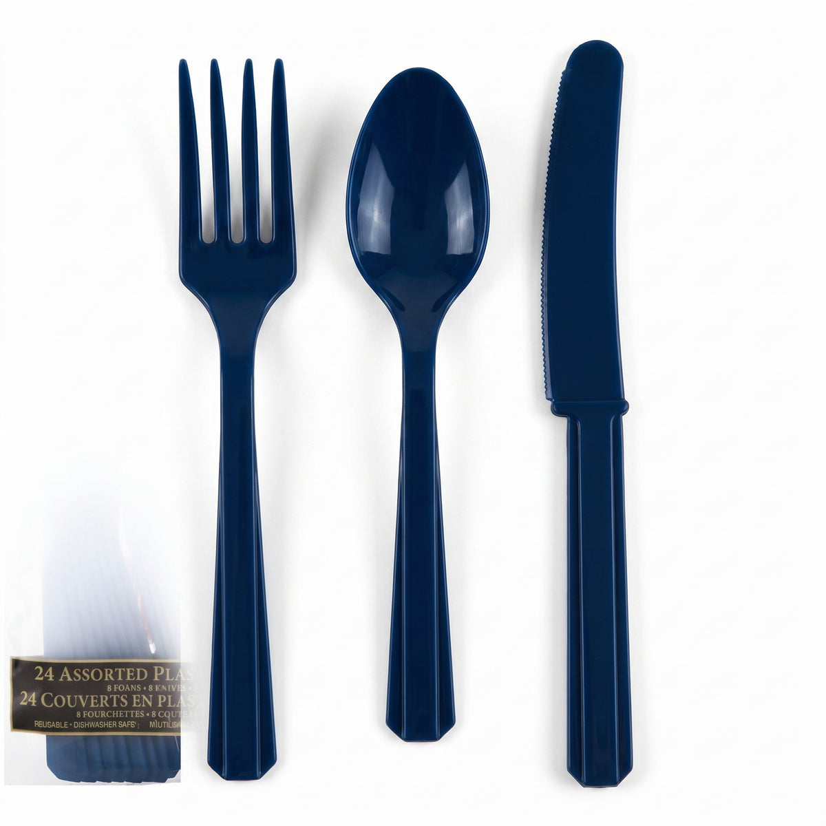 Navy Blue Assorted Plastic Cutlery Set - 7.5 in. - 24 Pack