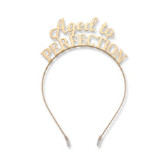 "Aged to Perfection" Golden Metal Headband for Birthdays