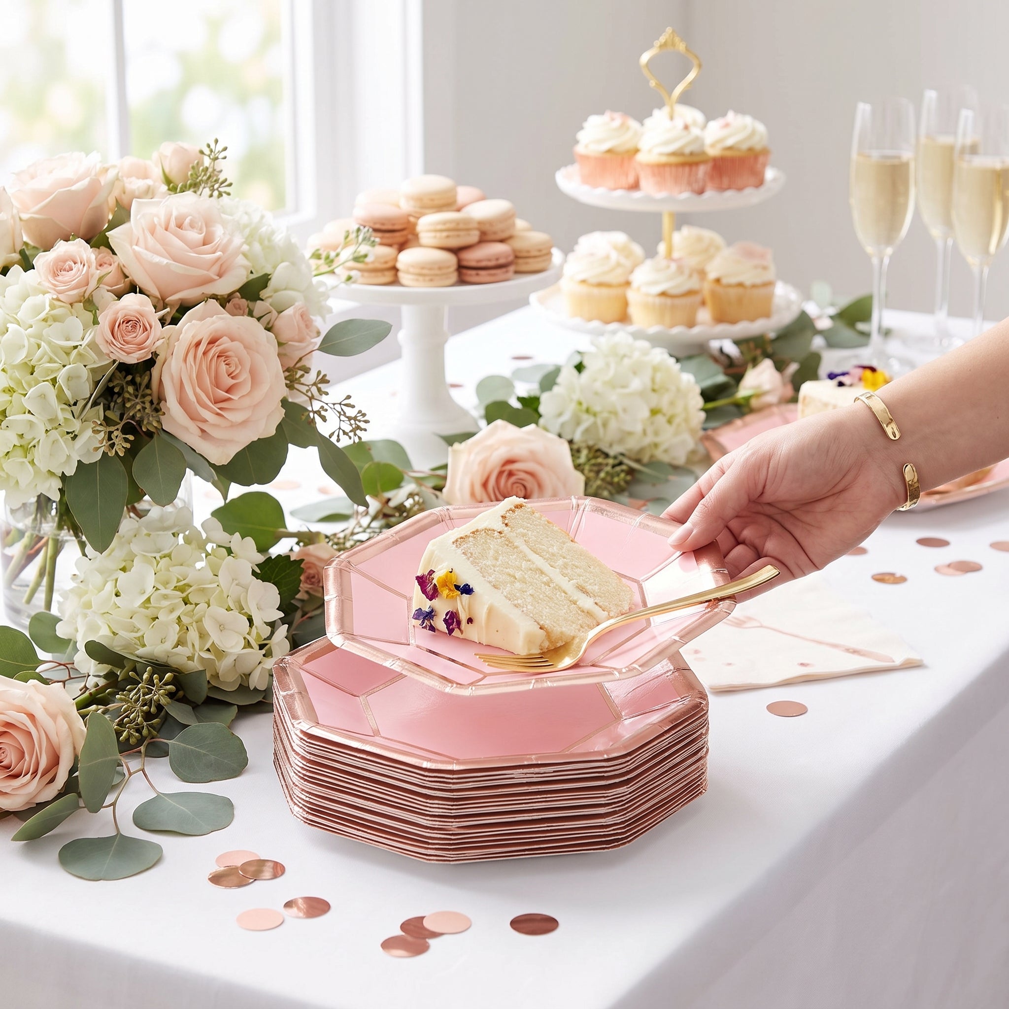 Metallic Blush & Rose Gold 7" Octagonal Dessert Plates - 8 Pack
