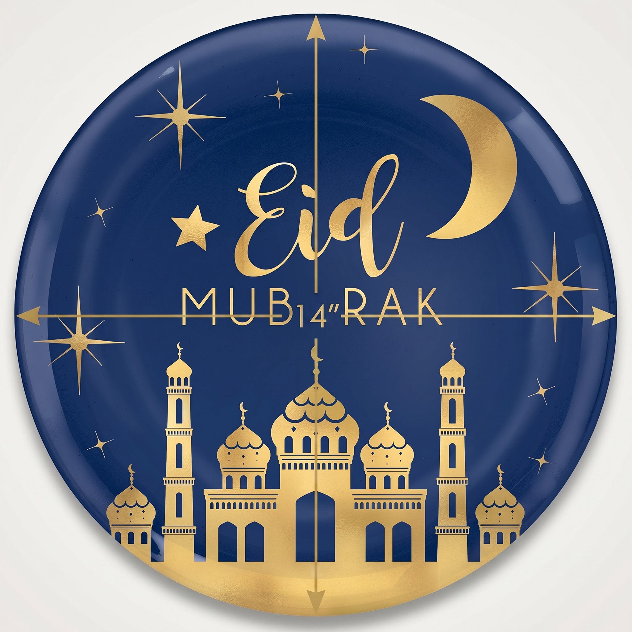 Eid Mubarak Round Plastic Serving Platter - Blue & Gold, 14"