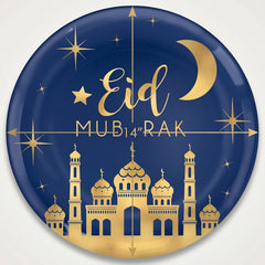 Eid Mubarak Round Plastic Serving Platter - Blue & Gold, 14"