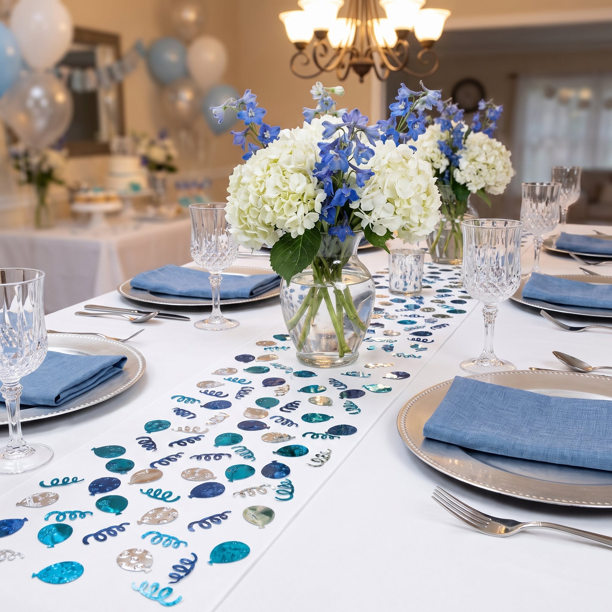 Blue & Silver Balloon Confetti Table Decoration