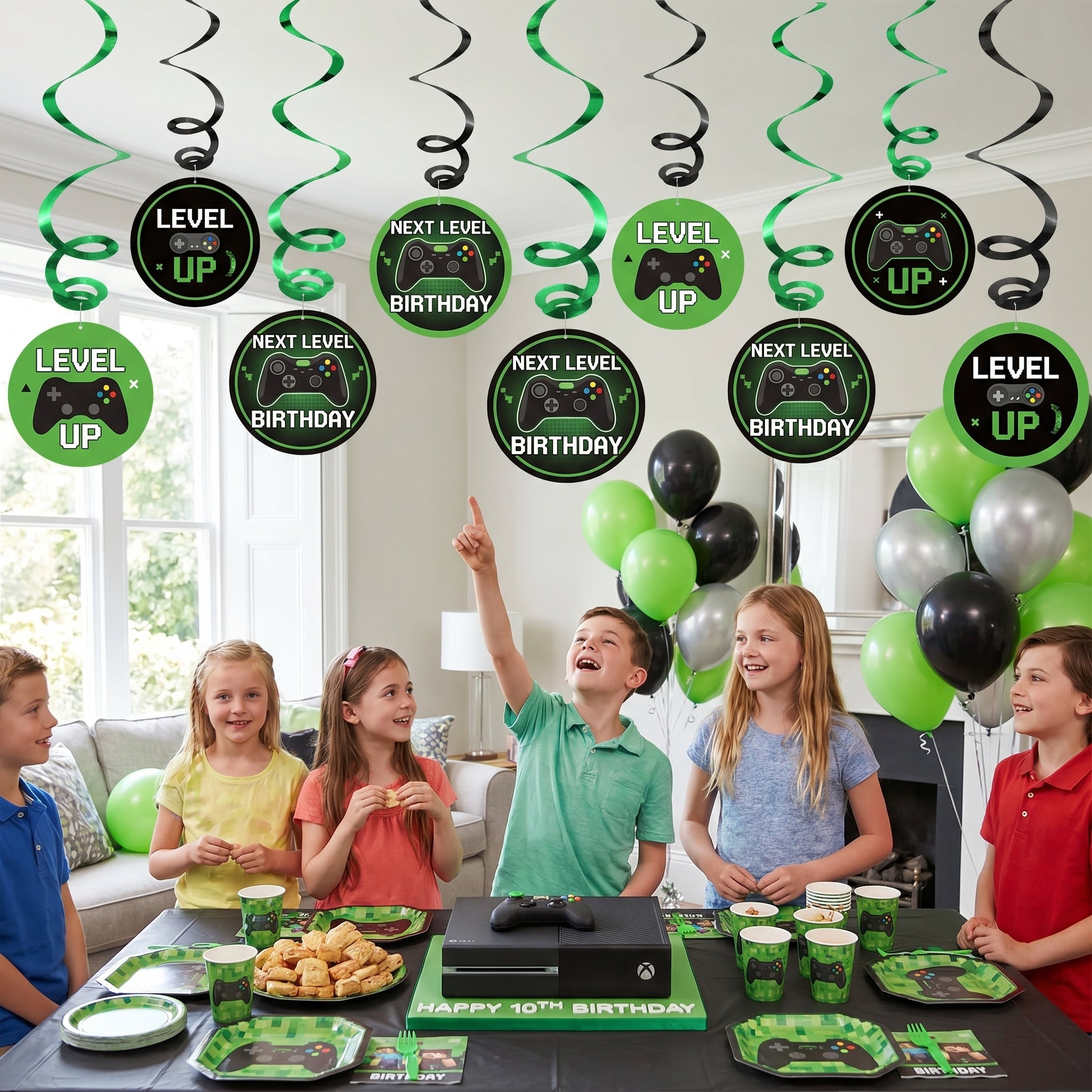 Level Up Gaming Swirl Decorations for Kids' Birthday Parties