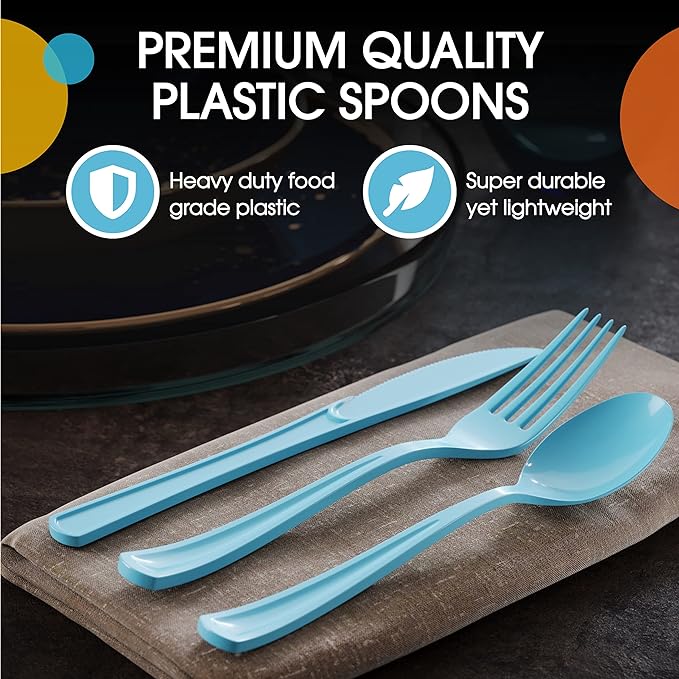 Heavy Duty Light Blue Plastic Spoons | 100 Count