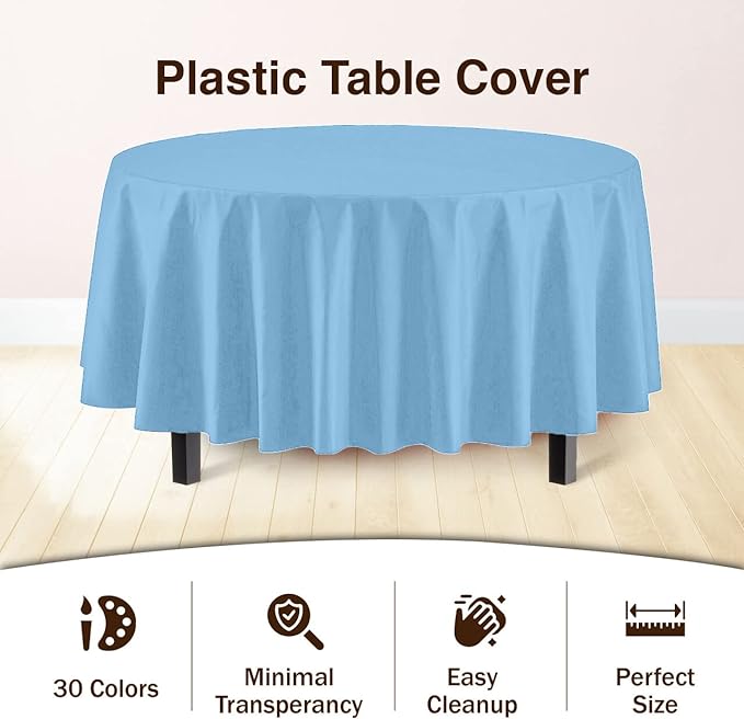 Premium Round Light Blue Plastic Table Cover | Case of 96