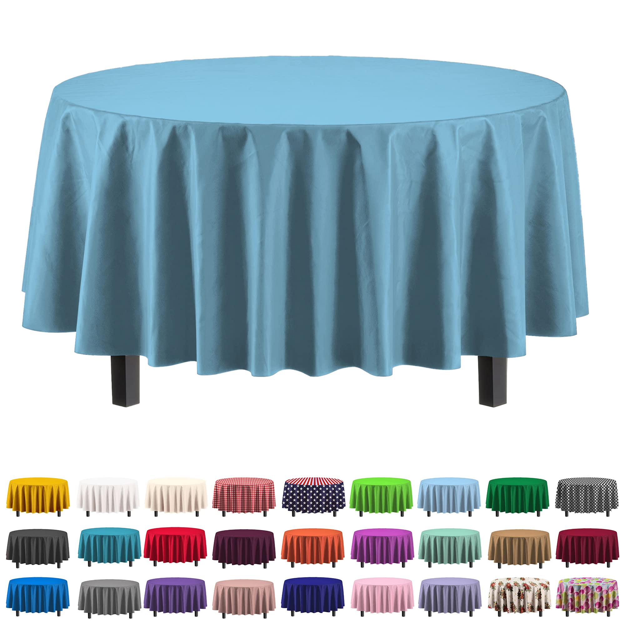 Premium Round Sky Blue Plastic Table Cover | Case of 96