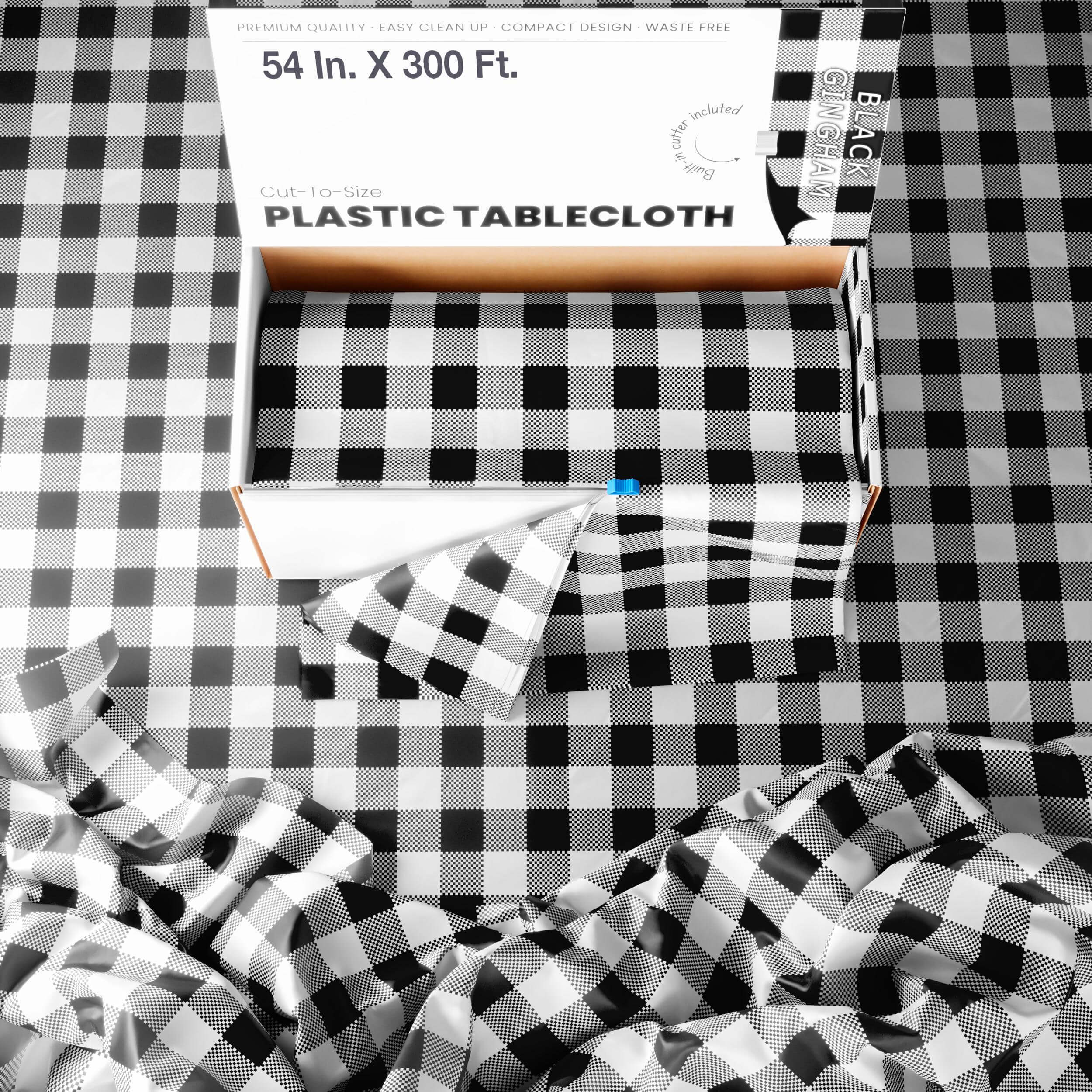 54 In. x 300 Ft. Cut to Size Plastic Table Cover  | Black Gingham | Case of 4