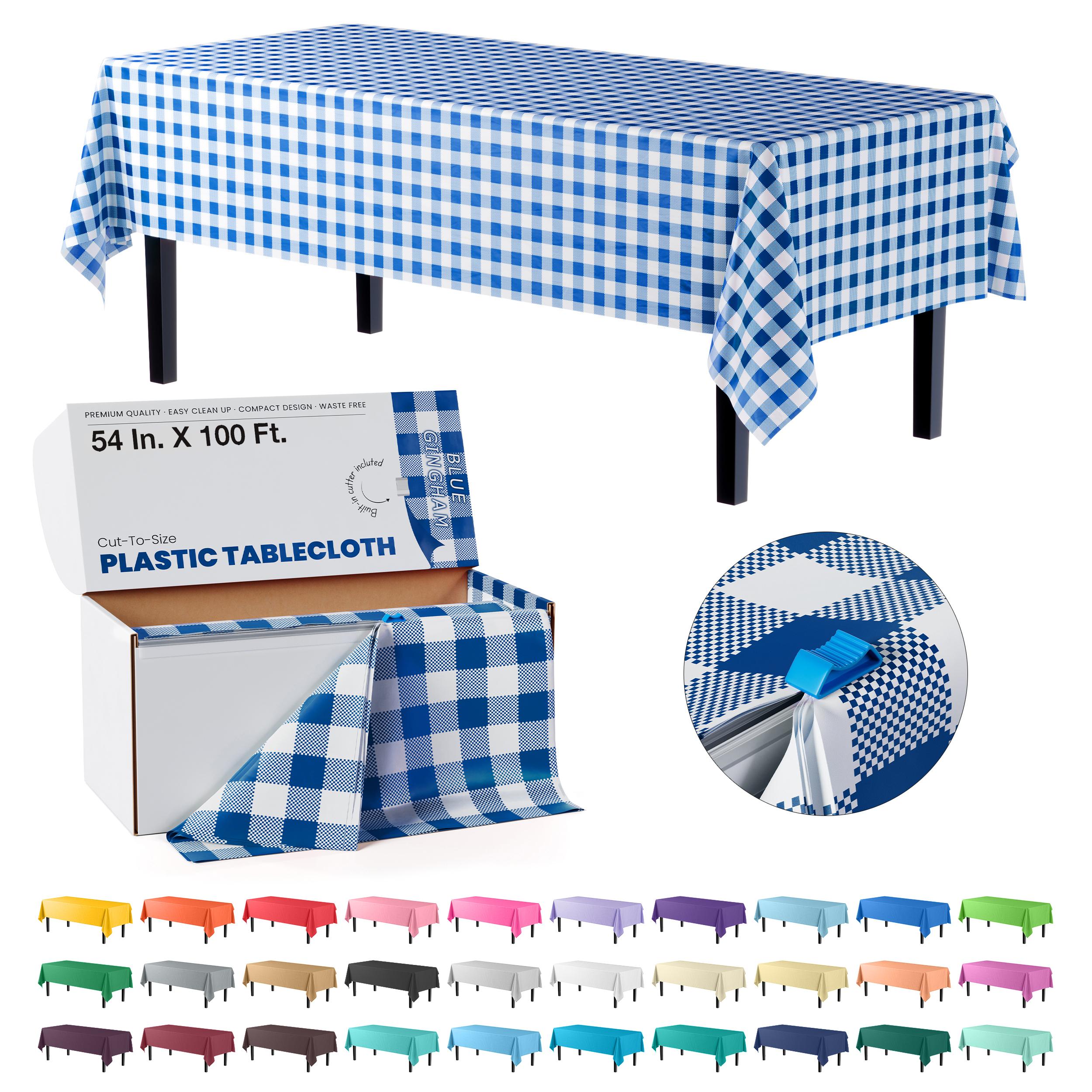 54 In. x 100 Ft. Cut to Size Plastic Table Cover | Blue Gingham