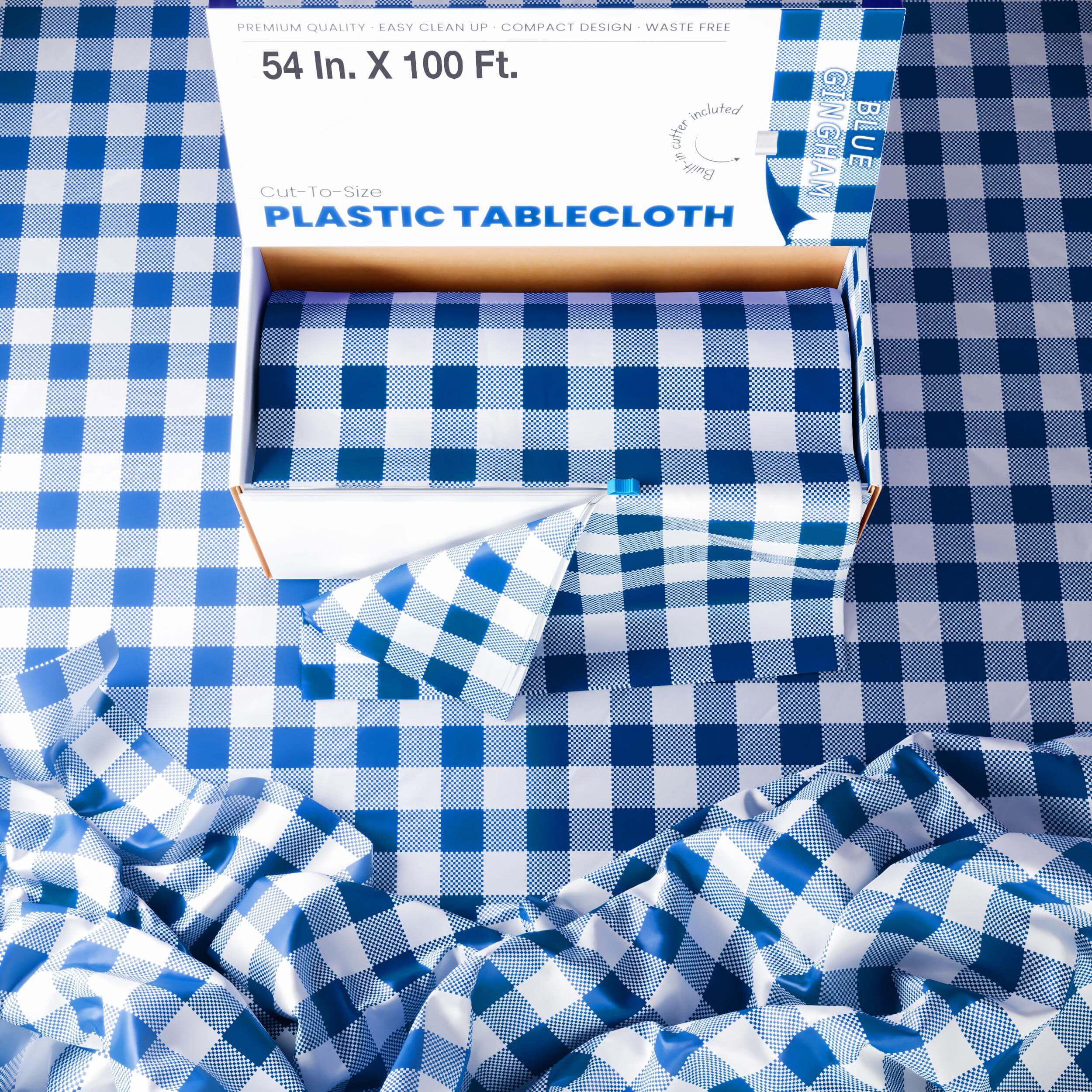 54 In. x 100 Ft. Cut to Size Plastic Table Cover  | Blue Gingham | Case of 6