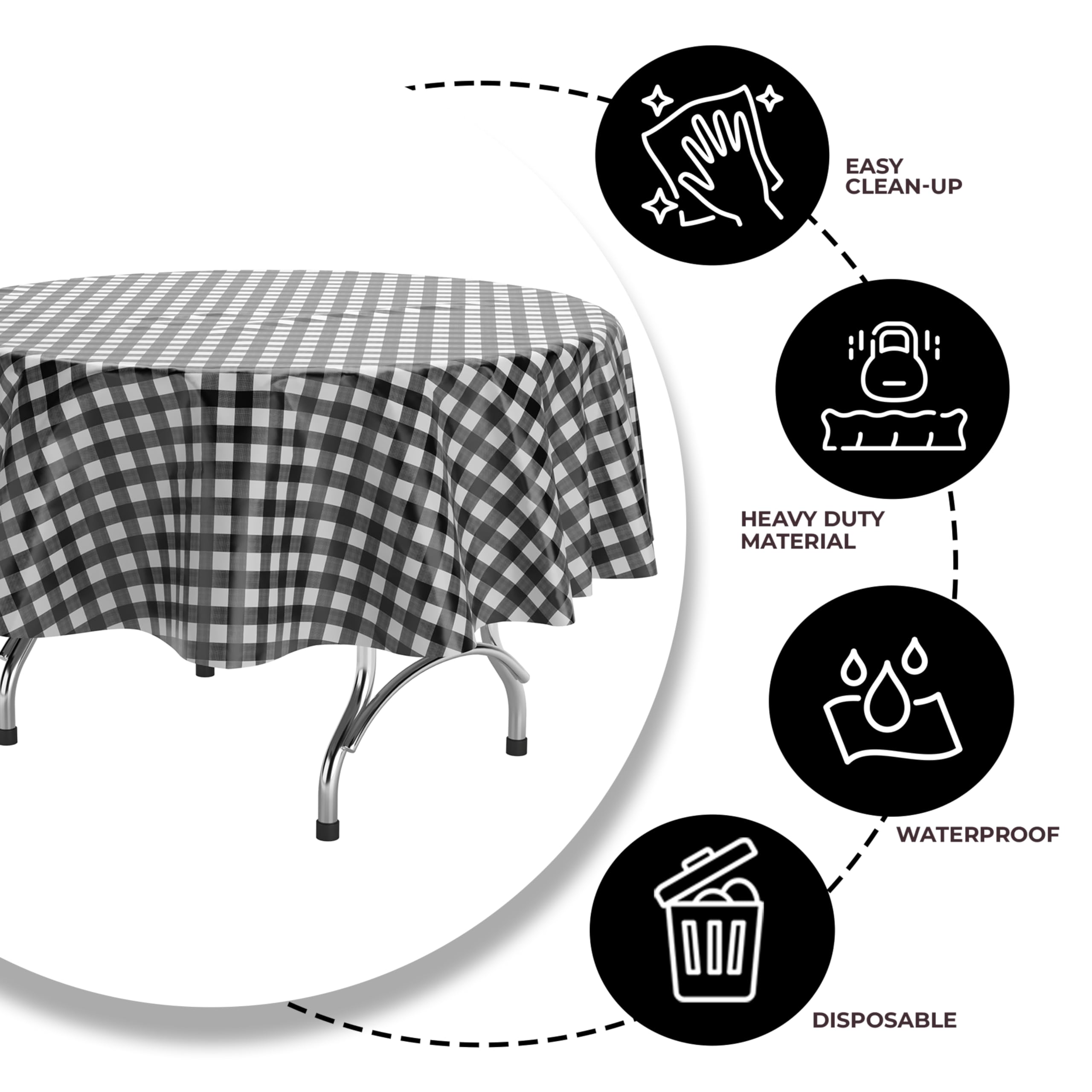 Round Black Gingham Plastic Table Covers | 6 Pack