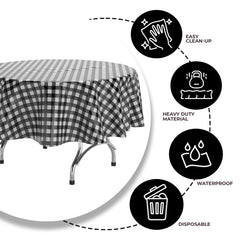 Round Black Gingham Plastic Table Covers | 6 Pack