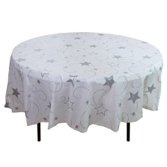 84 In. Round Silver Star Printed Plastic Table Cover | Case of 48